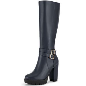 Round Toe Platform Chunky Heels Knee High Boots Navy Blue